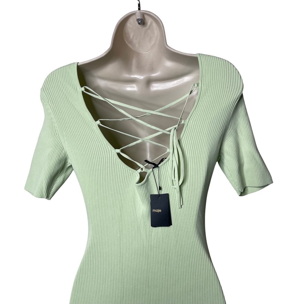 MAJE Ruched lace-up ribbed stretch-knitted Aline Short Sleeve midi dress sz 38 M - Picture 12 of 13